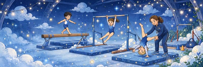 Amazium storybook gym scene with young gymnasts on beam, bars, and floor